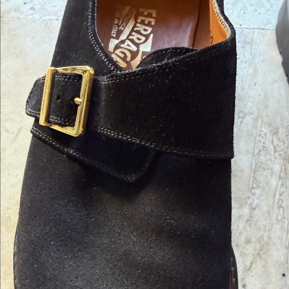 Salvatore Ferragamo Black Suede Monk Strap Oxfords with Gold Buckles main image 5